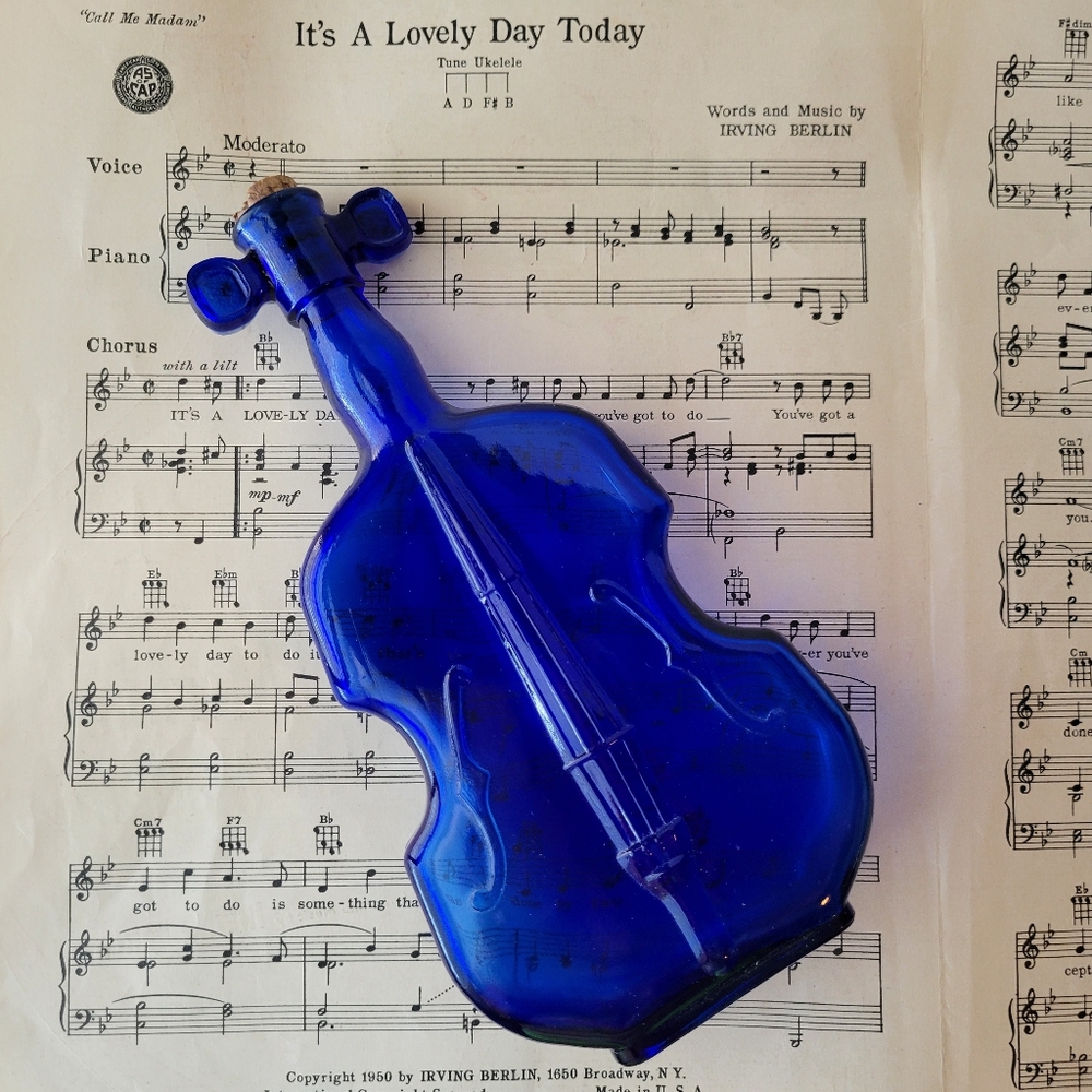 Vintage Blue Glass Cello Bass Violin Bottle w/Cork ~ Music ~ Collectible ~ Cute!